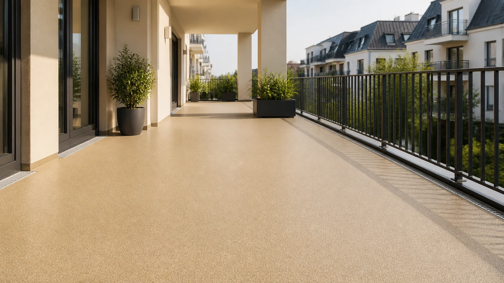 Moderner überdachter Balkon mit gleichmäßig beschichteter Oberfläche