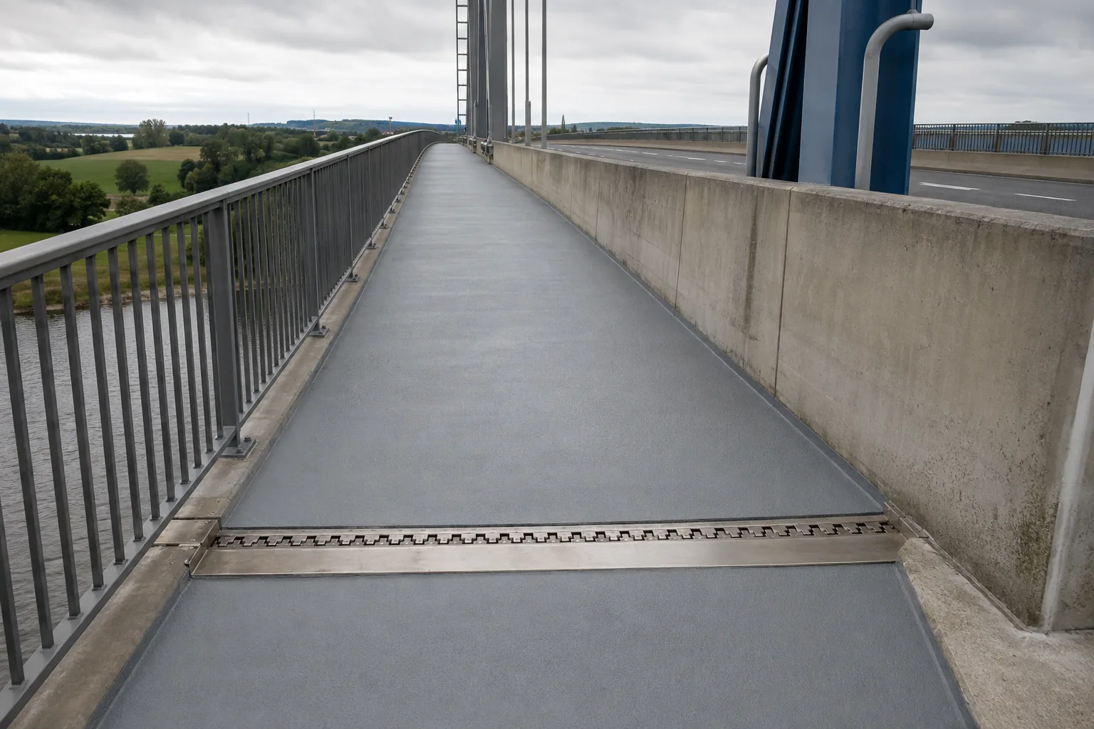 Beschichteter Wartungsweg auf einer Brücke mit Geländer und Dehnfuge