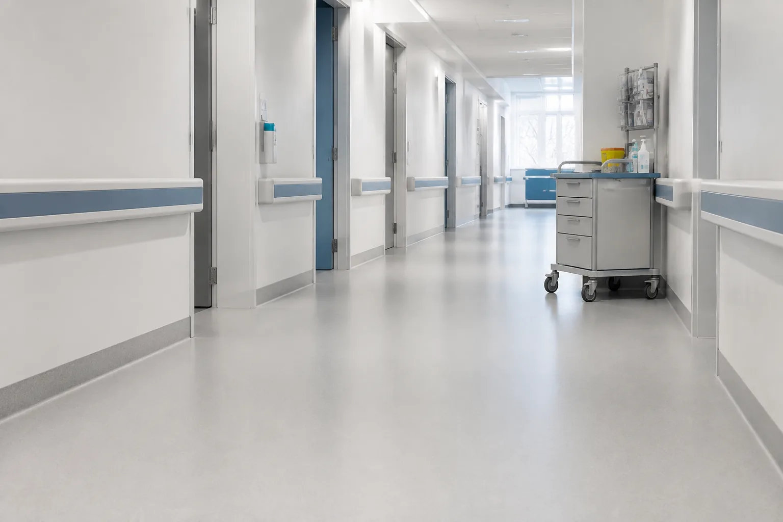 Klinikflur mit Handläufen, Medizinwagen und hygienischem nahtlosem Boden