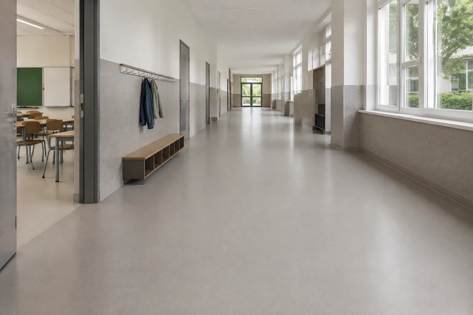 Heller Schulflur mit Klassenzimmer und strapazierfähigem nahtlosem Boden