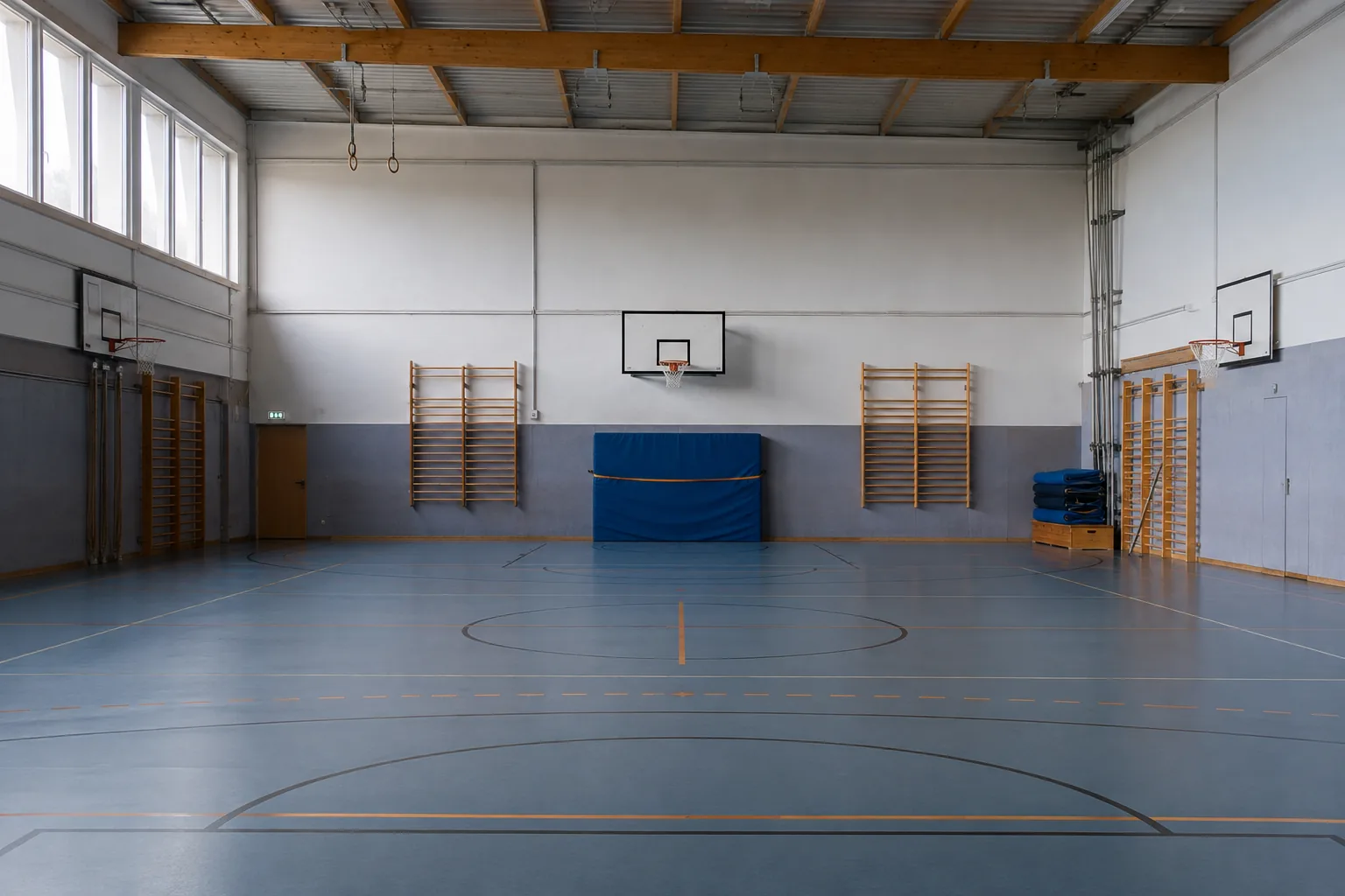 Turnhalle mit Basketballkörben, Wandgeräten und beschichtetem Spielfeldboden