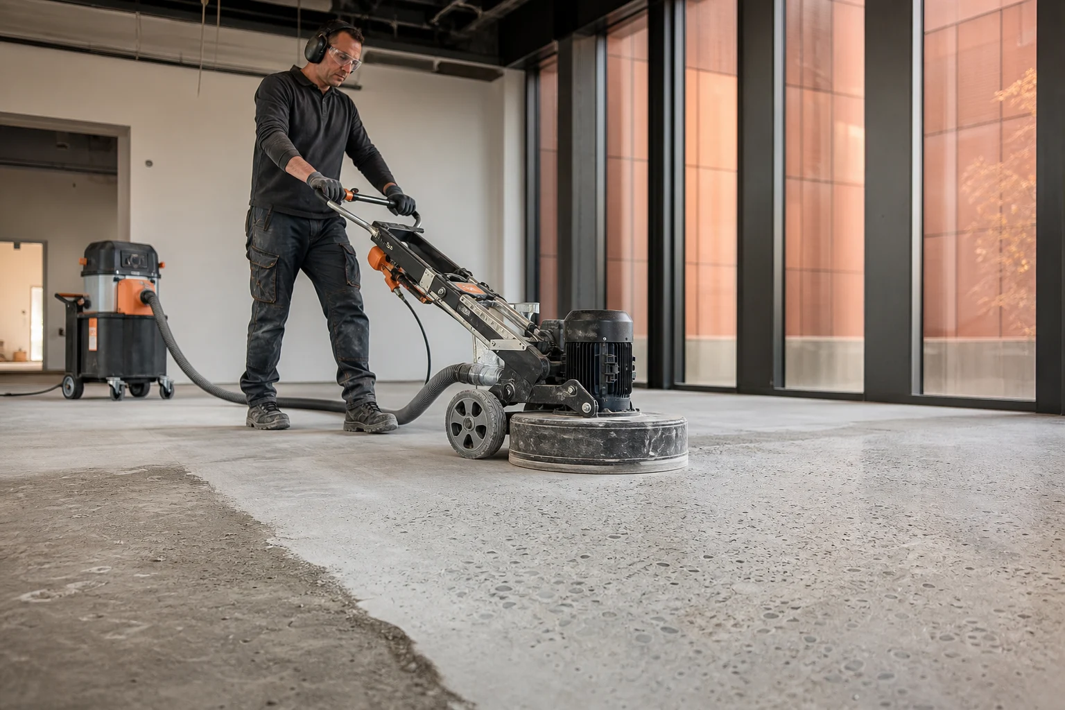 Facharbeiter bereitet einen Betonuntergrund maschinell für den Beschichtungsaufbau vor