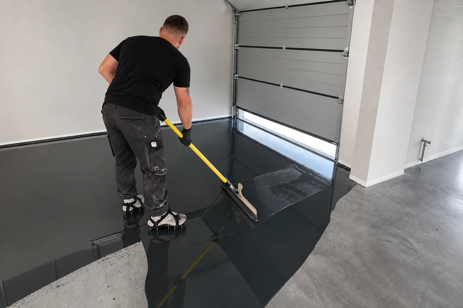 Facharbeiter von hinten beim Verteilen einer dunklen Bodenbeschichtung in einer Garage