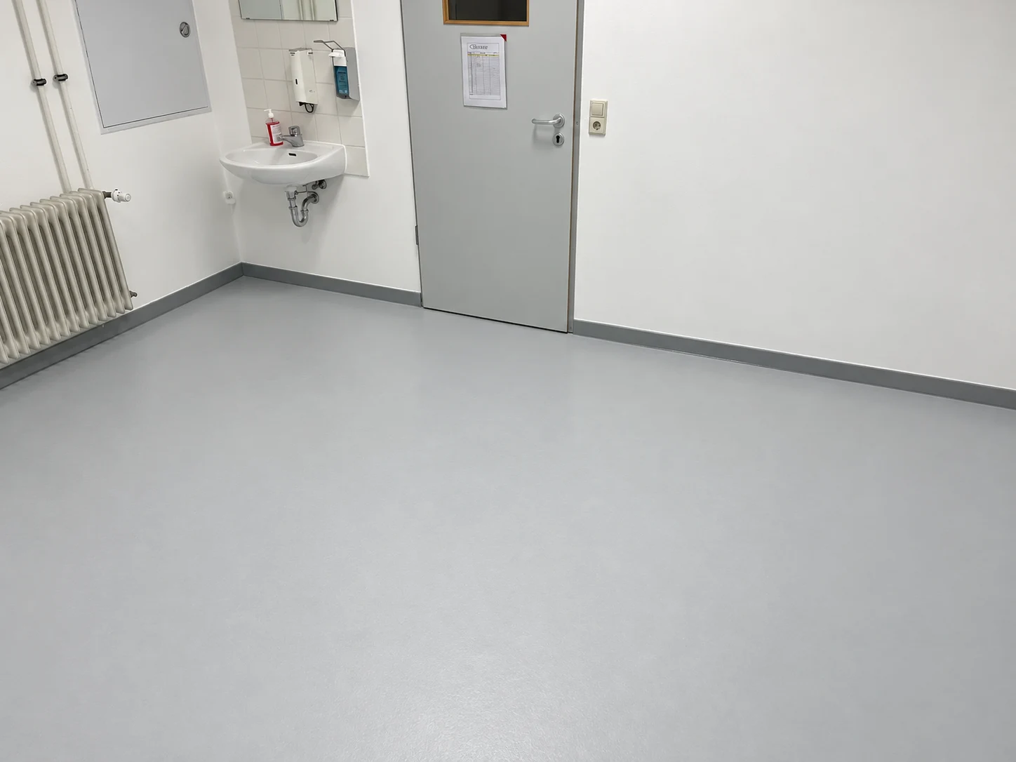 Heller Nebenraum mit grauem beschichtetem Boden und passendem Sockel