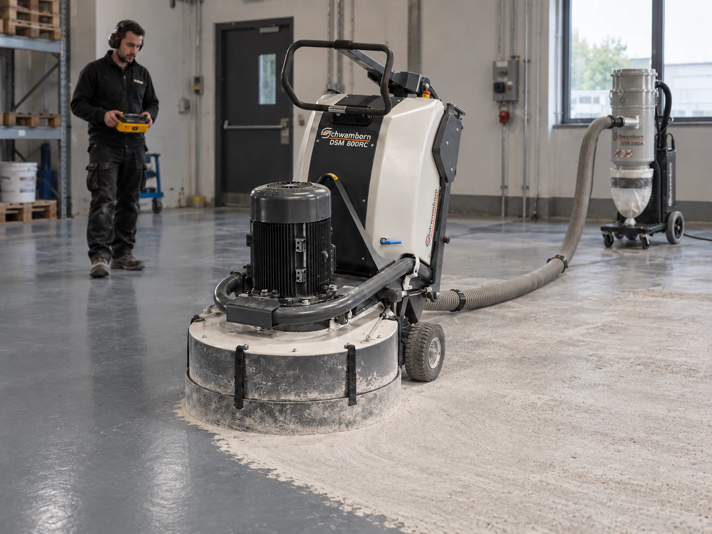 Ferngesteuerte Bodenschleifmaschine mit Absaugung bei der Vorbereitung eines Hallenbodens
